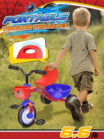 Tricycle for Toddlers 1-3 3-5 Year Olds, Spider Toddler Bike Baby Balance Bike with Colorful Lighting Wheels & Large Basket, Birthday Gift and Toy for 1 2 3 4 5 Year Olds Boys and Girls in Saudi Arabia