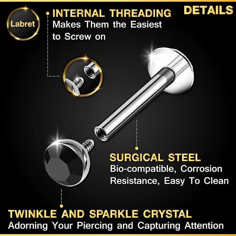 3PCS Surgical Steel Internally Threaded Labret Studs 16g 1.2mm Crystal Monroe Earrings Piercing Jewelry Pick Size and Color in Kuwait