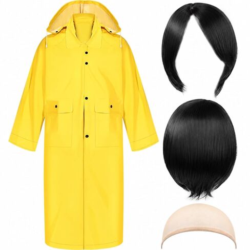 Xinnun 3 Pieces Halloween Yellow PVC Raincoat with Detachable Hood Blue Short Straight Wig Elastic Hair Net for Halloween (90-120 cm) in Kuwait
