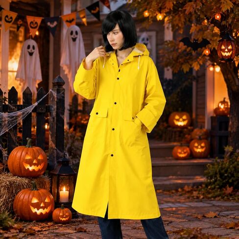 Xinnun 3 Pieces Halloween Yellow PVC Raincoat with Detachable Hood Blue Short Straight Wig Elastic Hair Net for Halloween (90-120 cm) in Kuwait