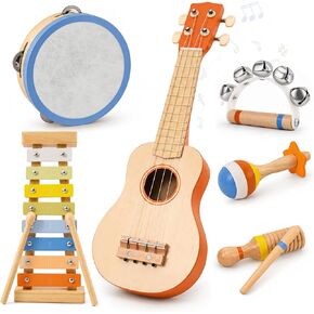 Toddler Guitar Musical Instruments Montessori Toys for Baby 2 3 Year Old, Muted Color Wooden Percussion Musical Toy Set with Ukulele Xylophone Tambourine, Birthday for Baby Boy Girl in Kuwait