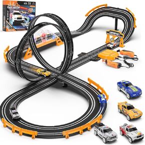 Slot Car Race Track Sets with 4 Slot Cars, Electric Race Car Track Include Slope Circular Overpass Track, Dual Racing Game Featuring Flash Bridge and Pendulum, Gifts Toys for Boys Kids Age 6 7 8-12 in Kuwait
