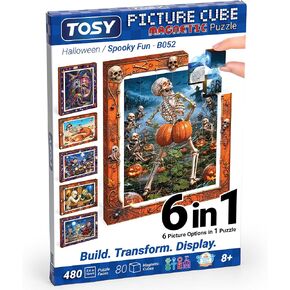 TOSY Picture Cube Halloween Spooky Fun: 6-in-1 Magnetic Picture Puzzle, 80 Blocks, 480 Puzzle Faces, 0.63 in, B052, Seamless UV Art, Display-Ready Frame, Collectible, STEM/STEAM Gift for Kids & Adults in Kuwait