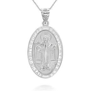 Medalla De San Benito Saint St Benedict Oval Medal Silver Pendant Necklace with Rolo Chain and Pendant only in Saudi Arabia