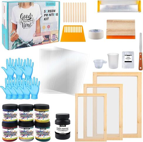Ecoofor Screen Printing Kit 63pcs All-in-One Set with 50W LED UV Light, 3 Size Wood Screen Printing Frames, 6 Colors Screen Printing Ink, 15pcs A4 Inkjet Transparency Films & Emulsion Stripper in Saudi Arabia