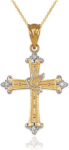 14K Yellow Gold Holy Spirit Dove Cross Diamond Pendant Necklace in Kuwait