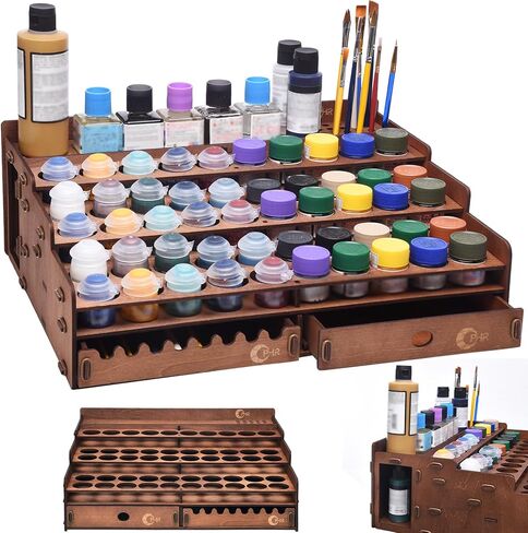 OPHIR Wooden Paint Organizer for 104 Bottles with 2 Brush Holder, 2 Drawer in Kuwait