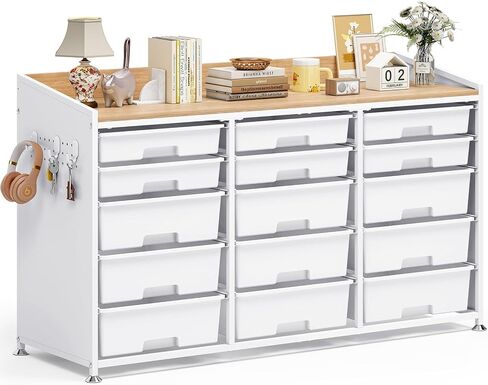 Wood Top Storage Cabinet with 15 Drawers, Pegboard & Adjustable Feet, White in Saudi Arabia