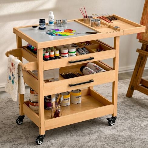 GDLF Solid Beech Wood Art Cart, Artist Taboret with Tempered Glass Palette in Kuwait