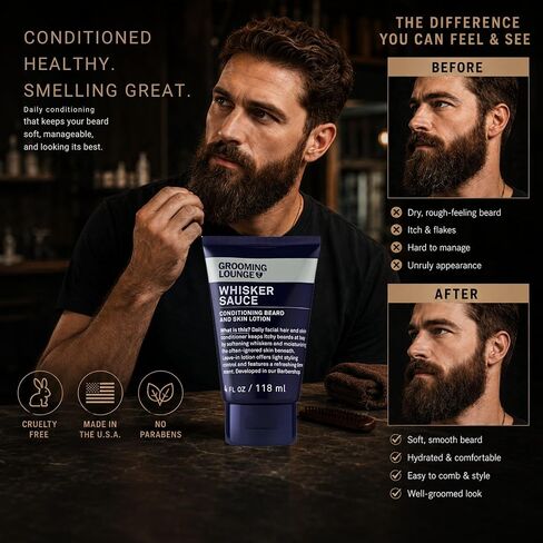 Grooming Lounge Whisker Sauce Beard Conditioner - Conditioning Beard and Skin Lotion - Eliminates Itching and Flaking - Enables Easy Combing and Styling - No Parabens - Cruelty Free - 4 oz in Saudi Arabia