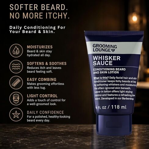 Grooming Lounge Whisker Sauce Beard Conditioner - Conditioning Beard and Skin Lotion - Eliminates Itching and Flaking - Enables Easy Combing and Styling - No Parabens - Cruelty Free - 4 oz in Saudi Arabia