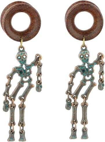 Balala 8mm-22mm Verdigris Antique Brass Skeleton Wood Dangle Ear Gauges Piercing Flesh Tunnels Plugs Statement Earrings in Kuwait