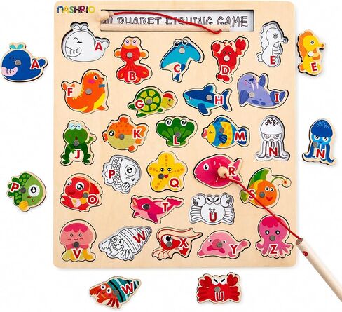 Magnetic Wooden Alphabet Fishing Game for Kids Ages 3-5, ABC Letter Puzzle Board with 26 Sea Animal Pieces, Preschool Learning Fine Motor Toy for Boys Girls 3 4 5 in Saudi Arabia