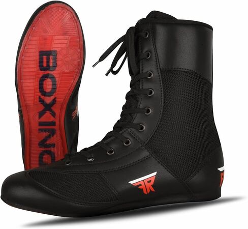 FISTRAGE Leather Kick Boxing Shoes Fighting Sports Master Training Mesh Unisex Pro Men's and Youth Genuine Boot Light Weight | Black Color Boxing Shoes for Adults in Kuwait