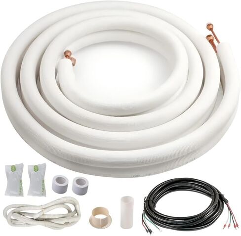 ICOOL 16 Ft. Mini Split Line Set, 1/4" & 3/8" O.D. Twin Copper Pipes, 3/8" Thickened PE Insulated Coil Copper Line for Air Conditioner HVAC Refrigeration and Heating Equipment, with Fittings in Kuwait