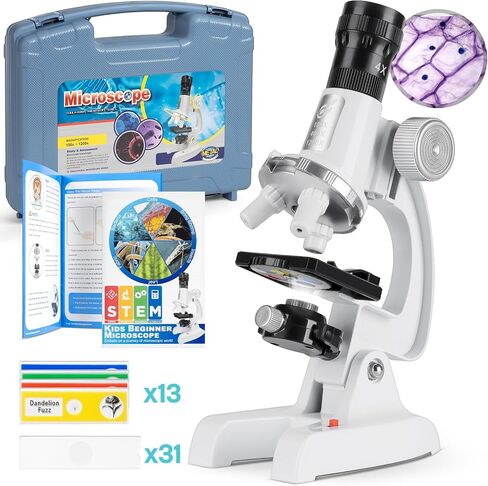 58-Piece Kids Microscope Kit - 100X-1200X Magnification, Metal Body, LED Light, Carrying Box - Science Experiment Toy for Kids Ages 5-12 in Kuwait
