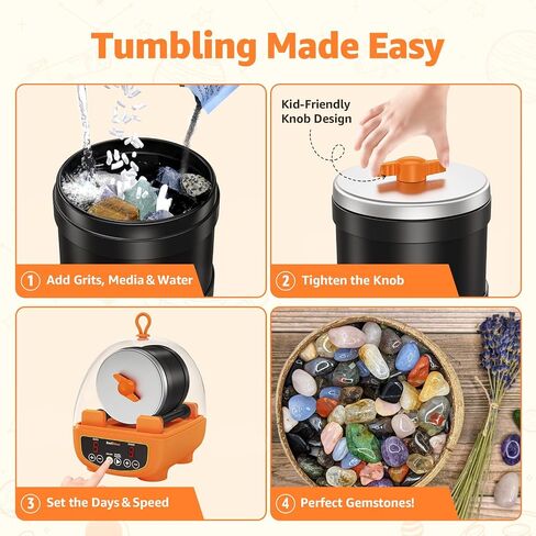 C5 Starter Rock Tumbler Kit for Kids & Beginners, Quieter Rock Polisher with Upgraded Noise-Reducing Cover, 3 Speeds, 9-Day Timer & Memory, Rocks, Grit & STEM Guide in Kuwait