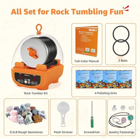 C5 Starter Rock Tumbler Kit for Kids & Beginners, Quieter Rock Polisher with Upgraded Noise-Reducing Cover, 3 Speeds, 9-Day Timer & Memory, Rocks, Grit & STEM Guide in Kuwait