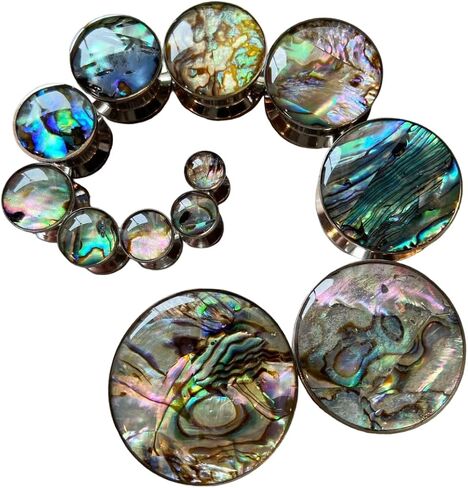 PAIR Abalone Inlay Steel Screw Fit Plugs Tunnels Earlets Gauges Pierced Body Jewelry in Kuwait
