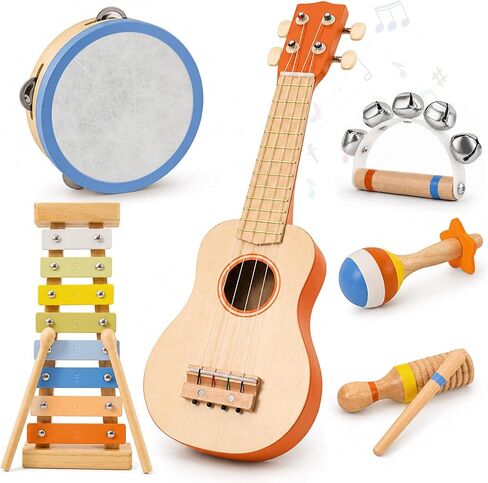 Toddler Guitar Musical Instruments Montessori Toys for Baby 2 3 Year Old, Muted Color Wooden Percussion Musical Toy Set with Ukulele Xylophone Tambourine, Birthday for Baby Boy Girl in Kuwait