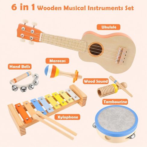 Toddler Guitar Musical Instruments Montessori Toys for Baby 2 3 Year Old, Muted Color Wooden Percussion Musical Toy Set with Ukulele Xylophone Tambourine, Birthday for Baby Boy Girl in Kuwait