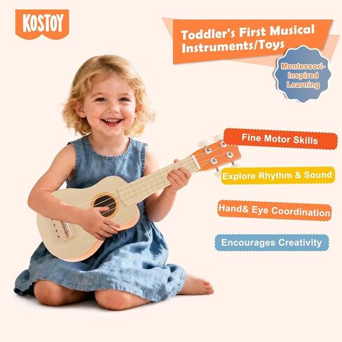 Toddler Guitar Musical Instruments Montessori Toys for Baby 2 3 Year Old, Muted Color Wooden Percussion Musical Toy Set with Ukulele Xylophone Tambourine, Birthday for Baby Boy Girl in Kuwait