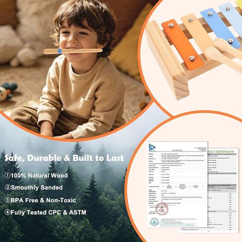 Toddler Guitar Musical Instruments Montessori Toys for Baby 2 3 Year Old, Muted Color Wooden Percussion Musical Toy Set with Ukulele Xylophone Tambourine, Birthday for Baby Boy Girl in Kuwait