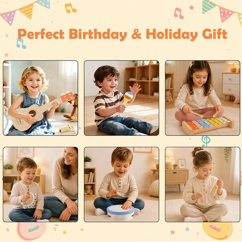 Toddler Guitar Musical Instruments Montessori Toys for Baby 2 3 Year Old, Muted Color Wooden Percussion Musical Toy Set with Ukulele Xylophone Tambourine, Birthday for Baby Boy Girl in Kuwait