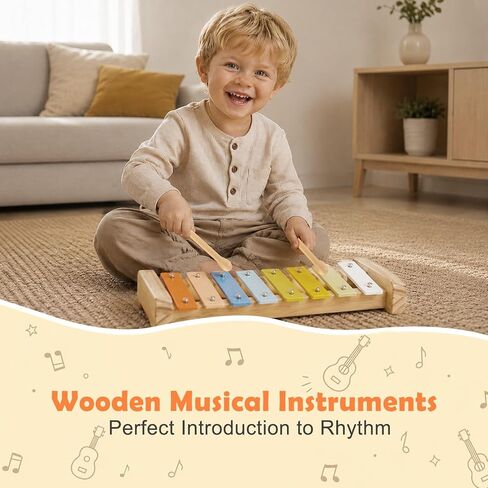 Toddler Guitar Musical Instruments Montessori Toys for Baby 2 3 Year Old, Muted Color Wooden Percussion Musical Toy Set with Ukulele Xylophone Tambourine, Birthday for Baby Boy Girl in Kuwait