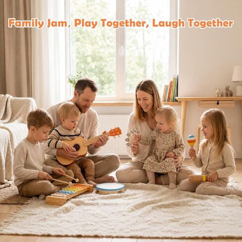 Toddler Guitar Musical Instruments Montessori Toys for Baby 2 3 Year Old, Muted Color Wooden Percussion Musical Toy Set with Ukulele Xylophone Tambourine, Birthday for Baby Boy Girl in Kuwait