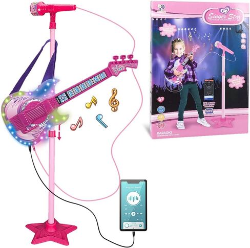 TAKIHON Guitar and Microphone Set for Kids,Guitar Toys with Music&Colorful Light,Adjustable Height Microphone with Stand,Karaoke Toys Gift for Boy,Girls,Toddlers(Red)-Upgraded in Kuwait