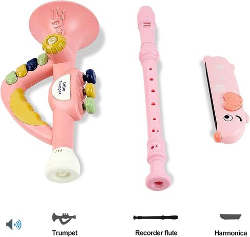 Toddler Musical Instruments Toy Trumpet, Harmonica, Recorder Flute for Kids Baby, Pink Musical Toys Set for Children Boys Girls Ages 2 3 4 5 in Saudi Arabia