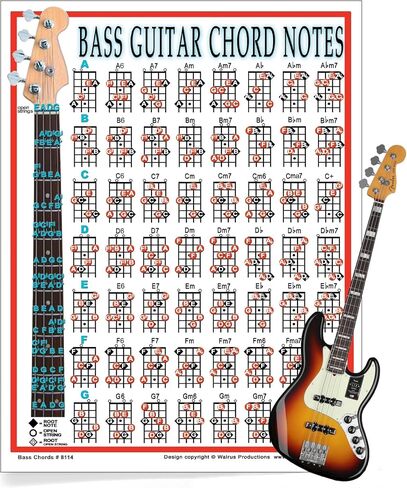 Mini Bass Guitar Chord Chart with 56 Chords - Laminated Bass Guitar Chord Poster for Beginners and Musicians - Music Theory Poster - Bass Guitar Accessories - 8.5" x 11" - Walrus Productions in Saudi Arabia