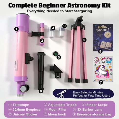 Telescope for Girls, 50mm 100x Pink Purple Telescope with Unicorn Stickers in Saudi Arabia