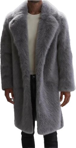 Men's Winter Luxury Long Sleeve Turn Collar Faux Fur Coat Outwear Mens Long Parka Jacket Overcoat in Kuwait