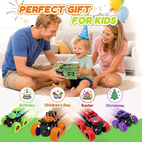 Monster Truck Toys, 4 Pack Friction Powered Toy Cars Push and Go Truck Toys for Toddlers Kids Ages 2-4 3-5 4-7 Best Christmas Birthday Gift Party Favors for Boys and Girls 2 3 4 5 6 7 Year Old in Saudi Arabia