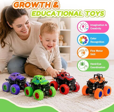 Monster Truck Toys, 4 Pack Friction Powered Toy Cars Push and Go Truck Toys for Toddlers Kids Ages 2-4 3-5 4-7 Best Christmas Birthday Gift Party Favors for Boys and Girls 2 3 4 5 6 7 Year Old in Saudi Arabia