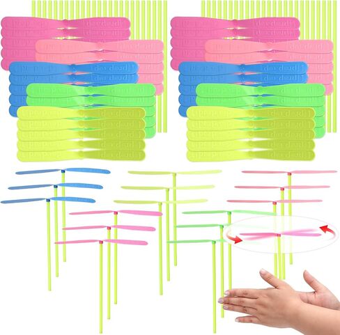 100 PCS Hand Helicopter Set, 50 Propeller + 50 Rod, Flying Helicopter Toy, Bamboo Dragonfly Hand Rub Plastic Propeller for Gifts, Outdoor Activity, Birthday, Party Supplies (Solid Color) in Kuwait