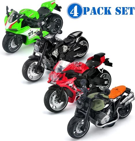 4-Pack Pull Back Motorcycle Toys for Kids with Sounds & Lights, 1:12 Scale Die Cast Friction Powered Motorcycles, Birthday Gifts for Kids Ages 3-8 Years Old in Kuwait