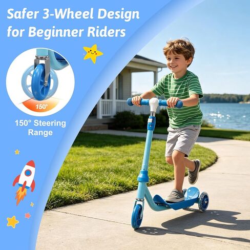 3-Wheel Kids Scooter Ages 2-7 Stable Toddler Kick Scooter with Safer 150° Limited Steering, Wide Anti-Slip Deck, Low-to-Ground Design for Beginner Riders,Blue in Kuwait