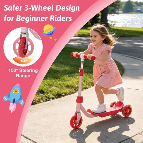 3-Wheel Kids Scooter Ages 2-7 Stable Toddler Kick Scooter with Safer 150° Limited Steering, Wide Anti-Slip Deck, Low-to-Ground Design for Beginner Riders,Pink in Kuwait