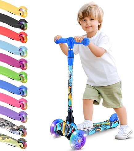 Hurtle Mini Kickboard Scooter for Kids - Height Adjustable 25''-28'', Lightweight 3-Wheel with LED Light-up Wheels, Anti-Slip,Indoor/Outdoor Fun, Micro Scooters for Ages 2-5 (Grafitti) in Saudi Arabia