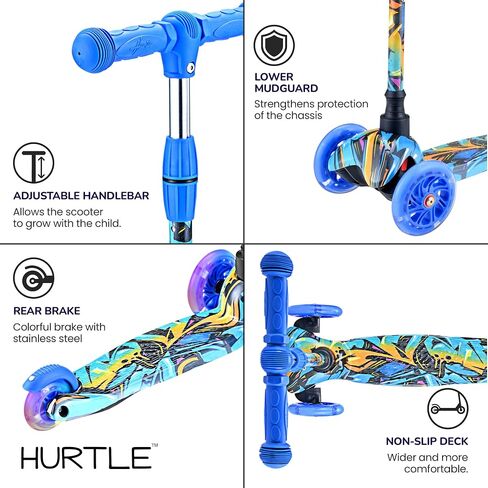 Hurtle Mini Kickboard Scooter for Kids - Height Adjustable 25''-28'', Lightweight 3-Wheel with LED Light-up Wheels, Anti-Slip,Indoor/Outdoor Fun, Micro Scooters for Ages 2-5 (Grafitti) in Saudi Arabia