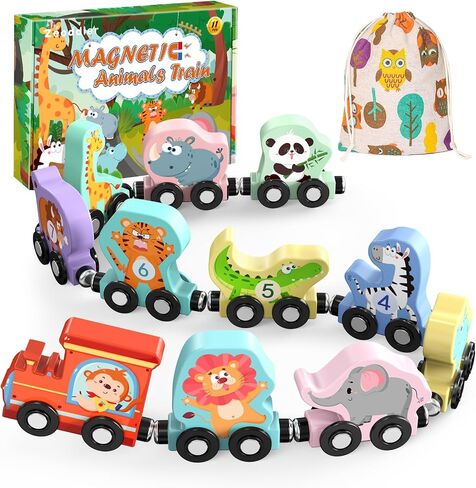 Zeoddler Toys for Toddlers, 11 Magnetic Wooden Animals Train Set, Montessori Toys for Toddlers, Learning Activities, Sensory Toys for Kids, Birthday Gifts for Boys, Girls in Kuwait