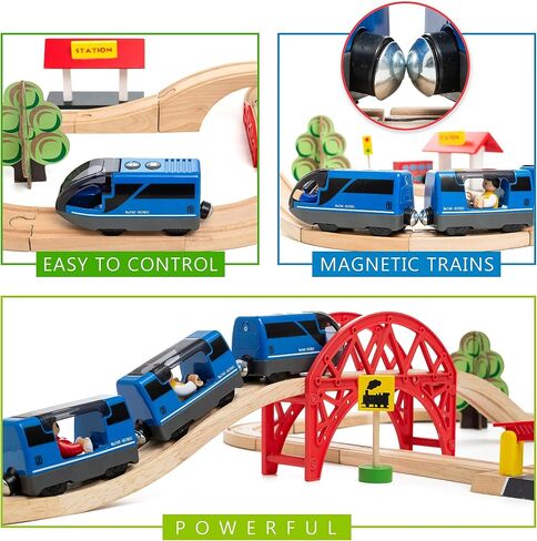 Kipipol Battery Operated Action Locomotive Toy Train Set for Wooden Tracks, (Magnetic)-Compatible with Thomas The Train Toys, Brio Tram Set for Toddlers 3-5 and up, Stocking Stuffers for Kids in Kuwait