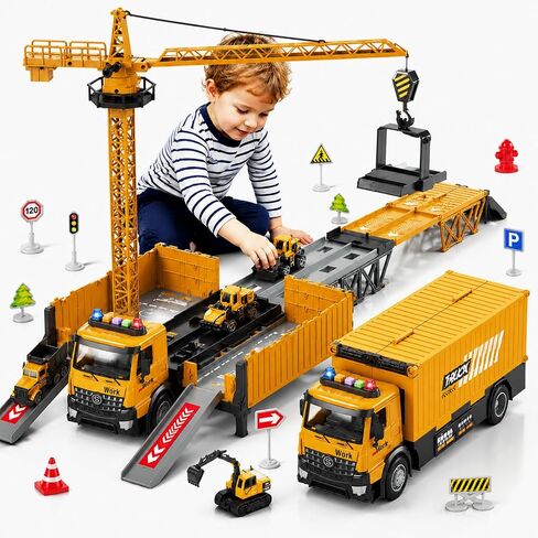 Carrier Truck Race Track Boy Toddlers Toys, Truck Toys for Toddlers 3-5 5-7, Toy Transport Car with Tower Crane Light & Sound, Excavators Cars Gifts for Age 3 4 5 6 7 Years Old Boys Girls in Saudi Arabia
