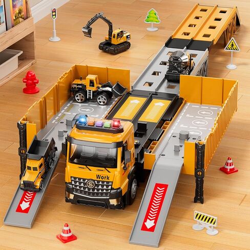 Carrier Truck Race Track Boy Toddlers Toys, Truck Toys for Toddlers 3-5 5-7, Toy Transport Car with Tower Crane Light & Sound, Excavators Cars Gifts for Age 3 4 5 6 7 Years Old Boys Girls in Saudi Arabia