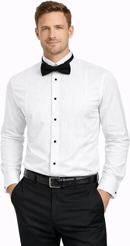 Modern Men’s Cufflink Convertible White Tuxedo Dress Shirt + Black Bowtie in Kuwait