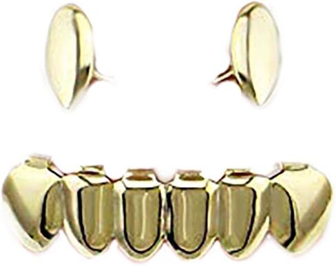 18k Gold Vampire Dracula Teeth Grillz 2pc Single Fangs and 6 Bottom Grillz Set in Kuwait