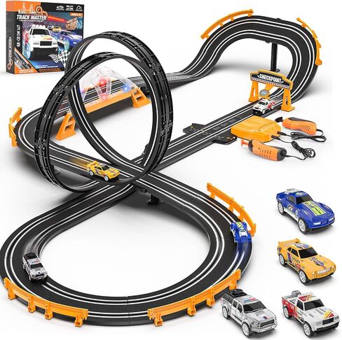 Slot Car Race Track Sets with 4 Slot Cars, Electric Race Car Track Include Slope Circular Overpass Track, Dual Racing Game Featuring Flash Bridge and Pendulum, Gifts Toys for Boys Kids Age 6 7 8-12 in Kuwait